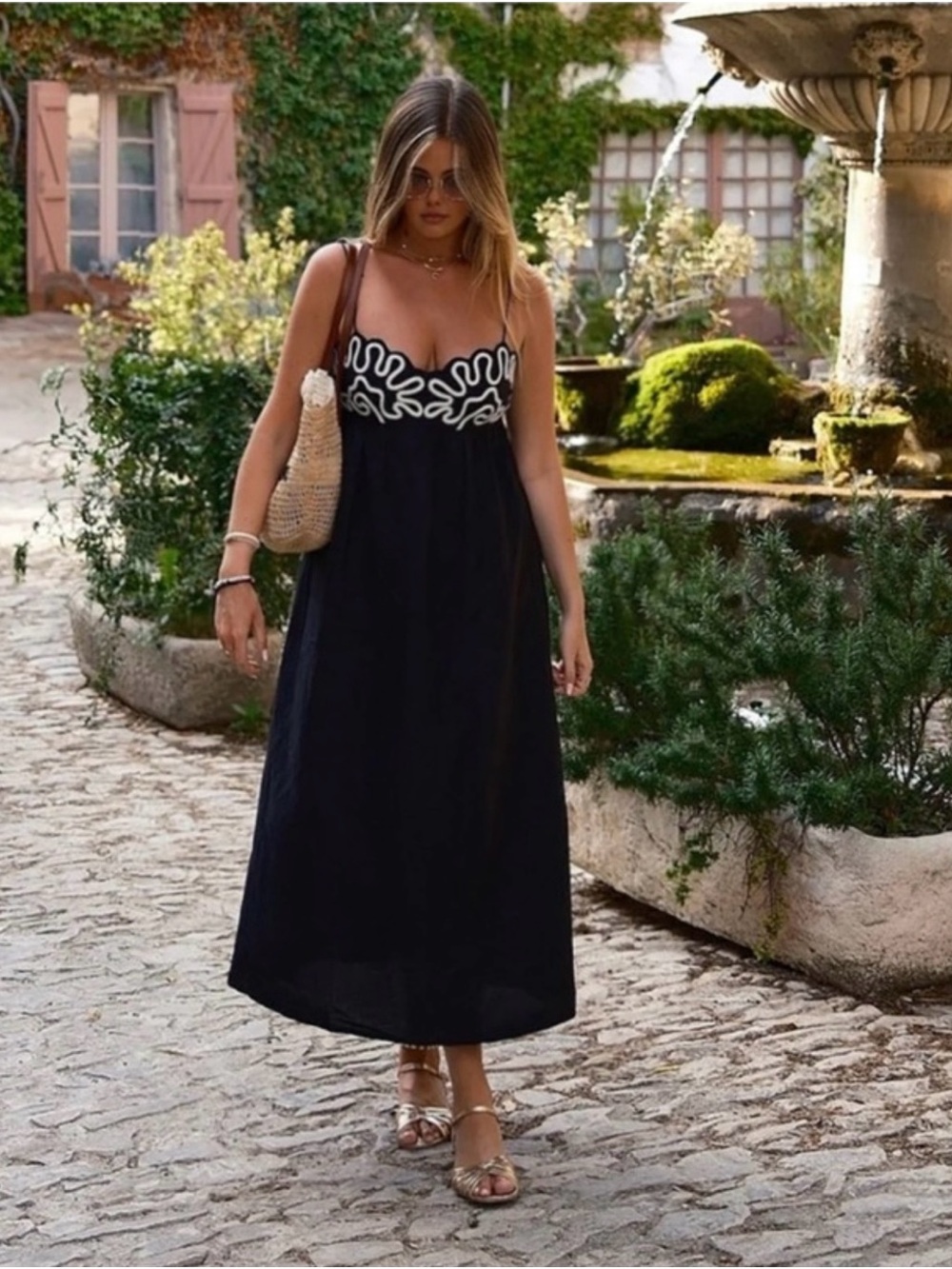 Commense - Black Maxi Dress with White Embroidered Bodice - Picture 8 of 8